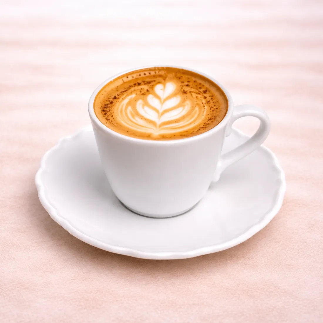 Piccolo with latte art in a white cup